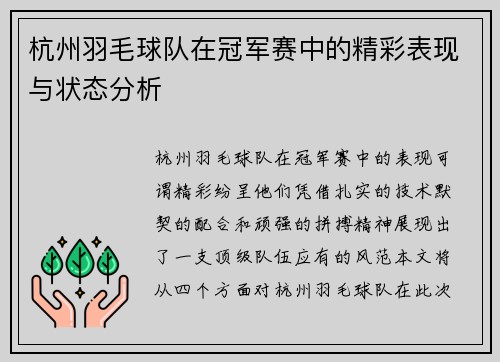 杭州羽毛球队在冠军赛中的精彩表现与状态分析