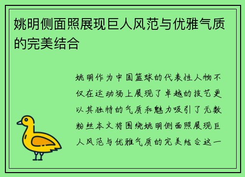 姚明侧面照展现巨人风范与优雅气质的完美结合